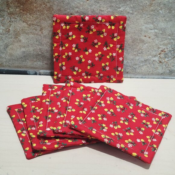Fabric Coasters Mug Rugs Set of 6 Cotton Red Floral - Picture 1 of 8